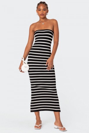 Edikted Knit Back Slitted Maxi Dress Maxi Dress Black And White | USA EI696299L7