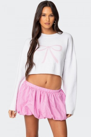 Edikted Knit Bow Cropped Sweater Navy | USA EX387968H3