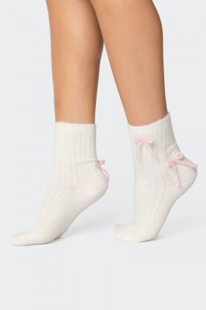 Edikted Knit Bow Fuzzy Socks White And Pink | USA WT781398U6