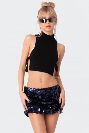 Edikted Knitted Side Lace-Up Crop Tops Black | USA FX615731I9