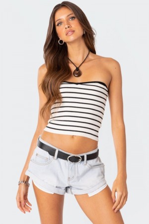 Edikted Knitted Sweetheart Strapless Strapless Tops Black And White | USA SX289918V2