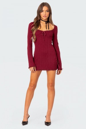 Edikted Krista Lacey Knit Mini Dress Burgundy | USA AZ821892V0