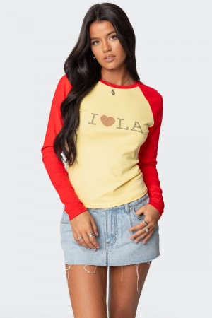 Edikted La Baby Raglan Long Sleeve T Shirt Graphic Tops Yellow | USA AJ789858J1