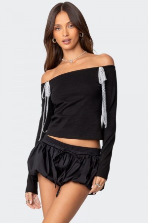Edikted Lace Bow Off Shoulder Long Sleeve Tops Black | USA NW153185V5