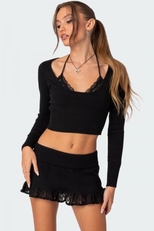 Edikted Lace Bra Detail Knit Long Sleeve Tops Black | USA KB963826A4