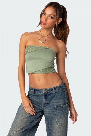 Edikted Lace Patchwork Tube Crop Tops Burgundy | USA AK810001B4
