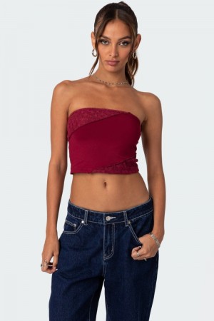 Edikted Lace Patchwork Tube Strapless Tops Burgundy | USA ME128672W6