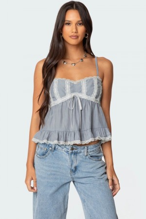 Edikted Lace Trim Babydoll Tank Top Gray | USA LL111191H4