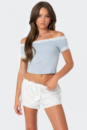 Edikted Lace Trim Off Shoulder Crop Tops Light Blue | USA CR742964X6