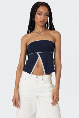 Edikted Lace Trim Split Front Tube Strapless Tops Navy | USA LL174367D6