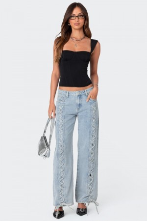 Edikted Laced Up Low Rise Jeans Light Blue | USA CI061306X9