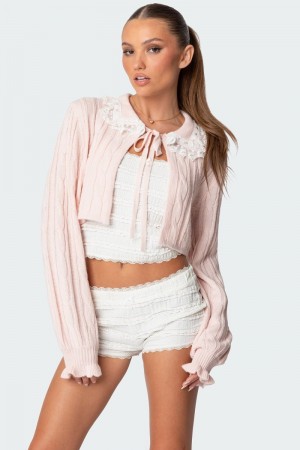 Edikted Lacey Collared Cable Knit Cardigan Pink | USA OG266946Q7