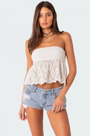 Edikted Lacey Cotton Scrunch Tube Strapless Tops White | USA XD353135L9
