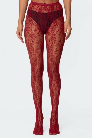 Edikted Lacey Fishnet Tights Socks Red | USA LL404090T9