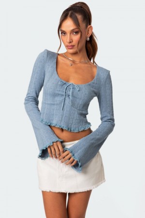 Edikted Lacey Knit Long Sleeve Tops Blue | USA GQ310551R4