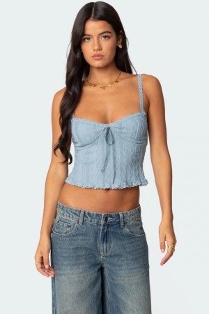 Edikted Lacey Knit Tank Crop Tops Light Blue | USA KM377927D8