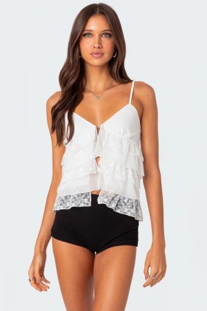Edikted Lacey Split Front Ruffle Tank Top Black | USA HN525602Q8