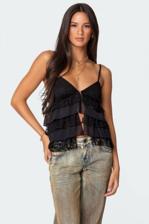 Edikted Lacey Split Front Ruffle Tank Top Black | USA OL718451W3
