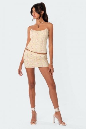 Edikted Lady Printed Low Rise Mesh Mini Skirts Yellow | USA SF386068B5