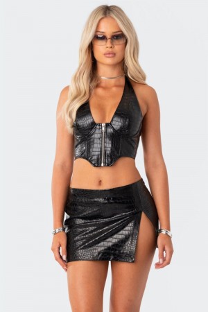 Edikted Lana Faux Croc Leather Corset Black | USA BE706710T9