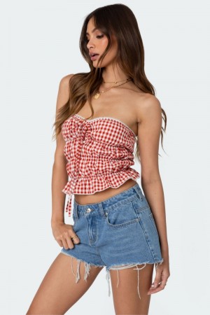 Edikted Lanna Gingham Elastic Scrunch Strapless Tops Blue | USA YX876747F9