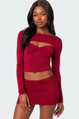 Edikted Lara Cut Out Twist Front Long Sleeve Tops Burgundy | USA CY767716Q6