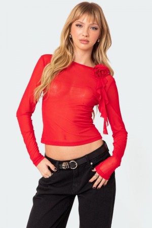 Edikted Larose Sheer Mesh Flower Pin Long Sleeve Tops Red | USA PB400480A3