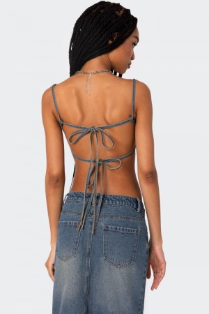 Edikted Lassy Washed Bralette Denim Tops Blue Washed | USA WK465056S6