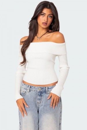 Edikted Lauren Knit Fold Over Long Sleeve Tops White | USA BD287418G5