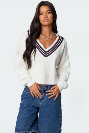 Edikted Lauryl V Neck Sweater Long Sleeve Tops White | USA GT814881H3