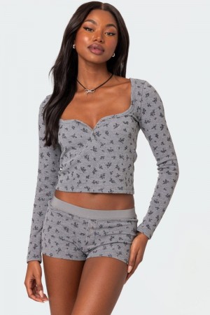 Edikted Lavender Waffle Long Sleeve Tops Gray Melange | USA KF240084X6
