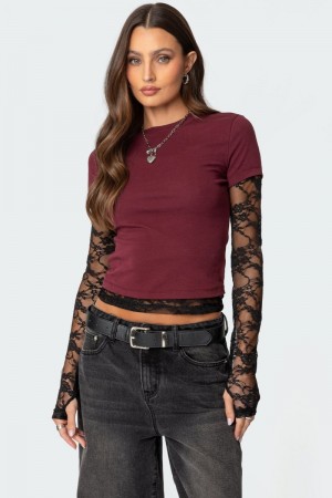 Edikted Layered Lace Sleeve T Shirt Long Sleeve Tops Burgundy | USA ZG070127Q9