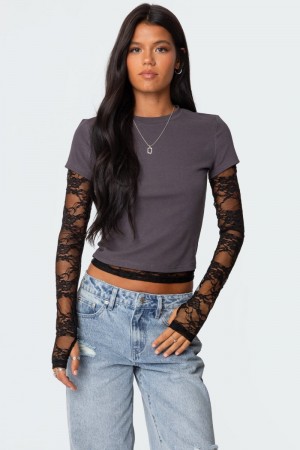 Edikted Layered Lace Sleeve T Shirts Burgundy | USA DR681908Z4