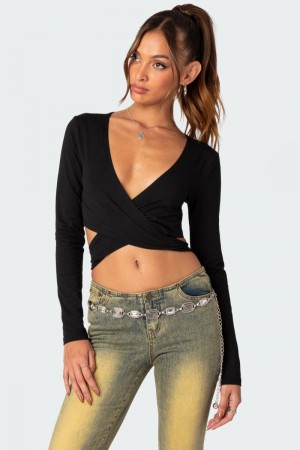 Edikted Layla Wrap Crop Tops Black | USA YK042914H3