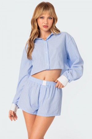 Edikted Lea Cropped Button Up Shirt Crop Tops Light Blue | USA CV572527B3