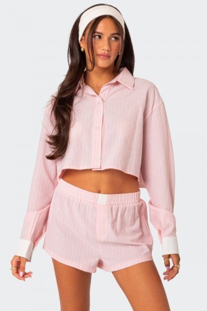 Edikted Lea Cropped Button Up Shirt Long Sleeve Tops Light Blue | USA DB269606V4