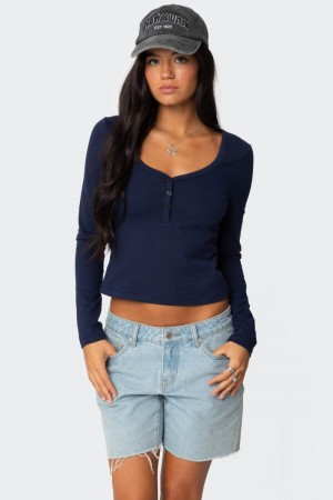 Edikted Leah Henley Long Sleeve Tops Navy | USA GY103990N0