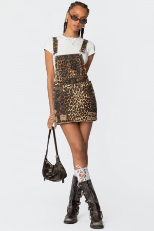 Edikted Leopard Denim Overall Mini Dress Leopard | USA JS114231Q1