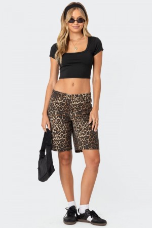 Edikted Leopard Low Rise Denim Bermuda Shorts Leopard | USA KQ177717U1
