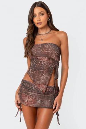 Edikted Leopard printed asymmetric mesh tube Strapless Tops Brown | USA GT984548U3