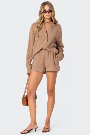 Edikted Levy Gauze Shorts Brown | USA IZ579207W9