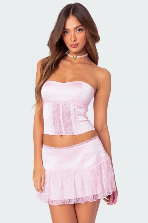 Edikted Lex Satin & Lace Corset Strapless Tops Light Pink | USA IX109520H3