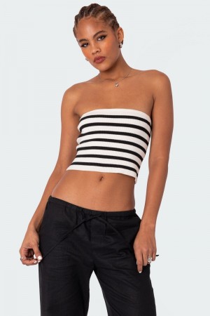 Edikted Lexi Ribbed Tube Strapless Tops Black And White | USA PT336183R2