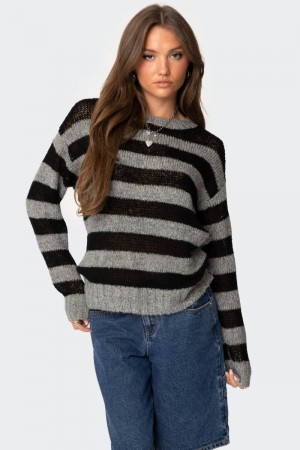 Edikted Light Knit Striped Sweater Long Sleeve Tops Black | USA ZP479667K1