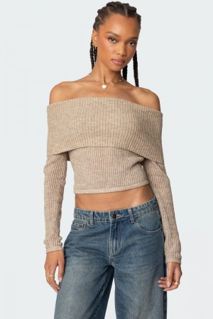 Edikted Lili fold over knit Long Sleeve Tops Beige | USA LJ506060M9