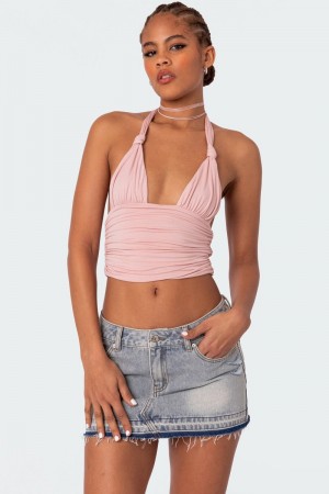 Edikted Lillie Knotted Halter Crop Tops Black | USA TC164956K1