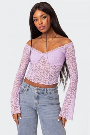 Edikted Linda Off Shoulder Sheer Lace Long Sleeve Tops Lilac | USA GL436553K5