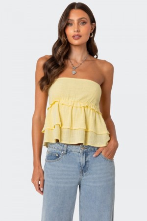 Edikted Linen Look Strapless Peplum Strapless Tops Black | USA FZ725622H2