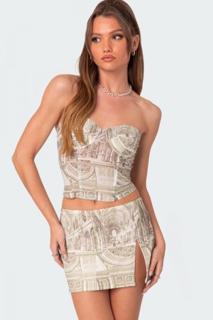 Edikted Lionne Printed Corset Strapless Tops Olive | USA JN023802F1