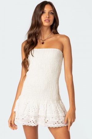 Edikted Livia Lacey Cotton Scrunch Mini Dress White | USA AE716931A7